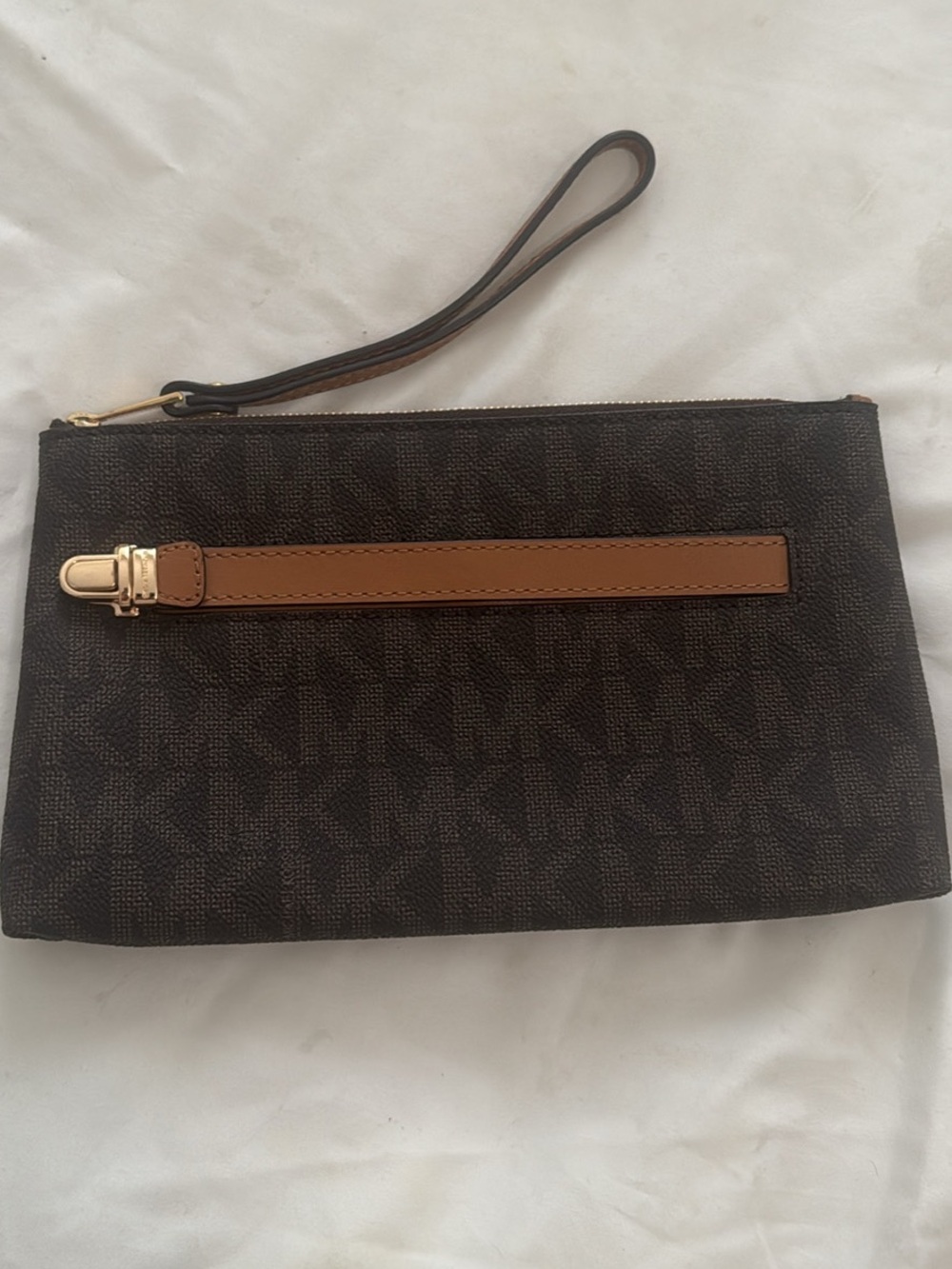 Michael Kors Brown Logo-Print Wristlet Clutch with Tan Strap